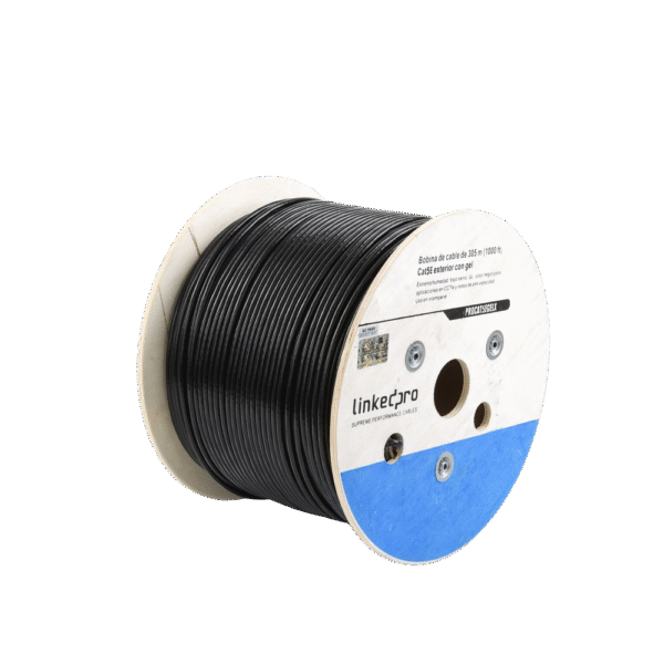 Bobina de cable de 305 m, Cat5E, con gel, para intemperie, doble forro extrema humedad, bajo tierra, UL, color negro para aplicaciones en CCTV, y redes de alta velocidad.
