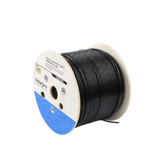 Bobina de cable de 305 m, Cat5E, con gel, para intemperie, doble forro extrema humedad, bajo tierra, UL, color negro para aplicaciones en CCTV, y redes de alta velocidad.