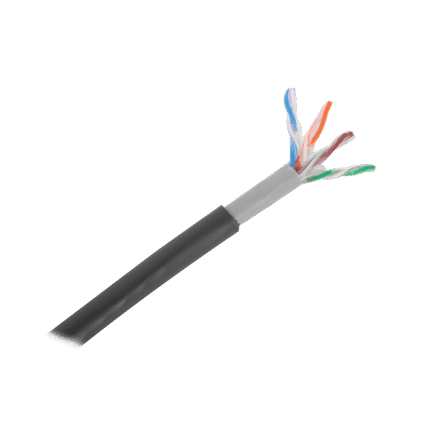 Bobina de cable de 305 m, Cat5E, con gel, para intemperie, doble forro extrema humedad, bajo tierra, UL, color negro para aplicaciones en CCTV, y redes de alta velocidad.