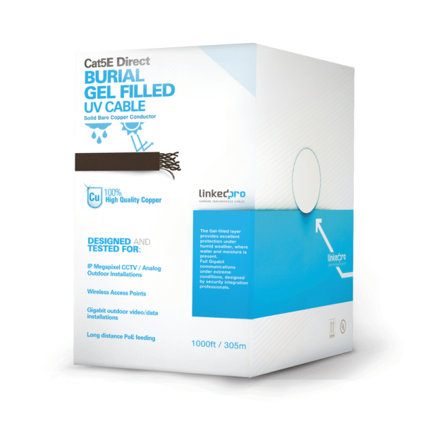 Bobina de cable de 305 m, Cat5E, con gel, para intemperie, doble forro extrema humedad, bajo tierra, UL, color negro para aplicaciones en CCTV, y redes de alta velocidad.