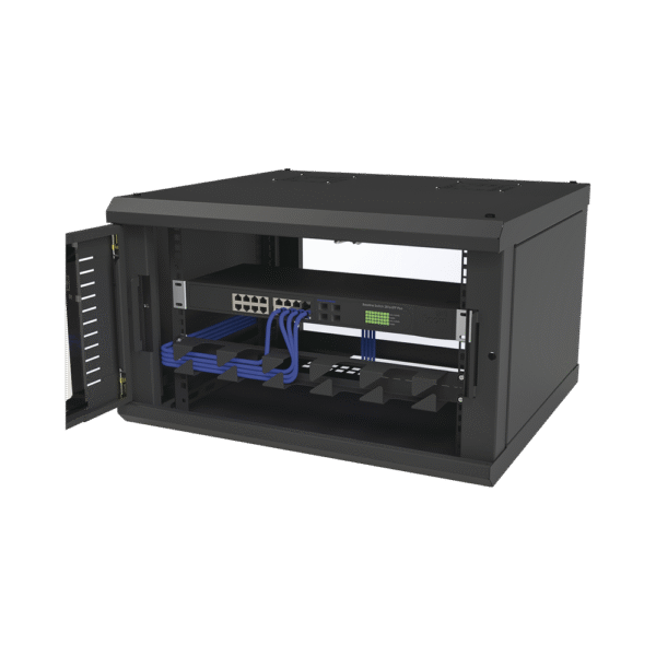 Gabinete para Montaje en Pared, con Puerta de Cristal Templado, Cuerpo Fijo, con 6 Unidades de Rack, de 19in, Fabricado en Acero