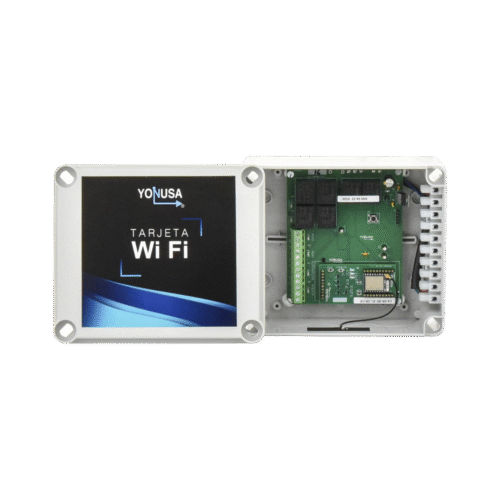 TARJETWIFIV2-l Modulo WIFI con gabinete para uso en Energizadores YONUSA/Aplicación sin costo/Activación Remota de 4 salidas tipo Relay con alta capacidad.