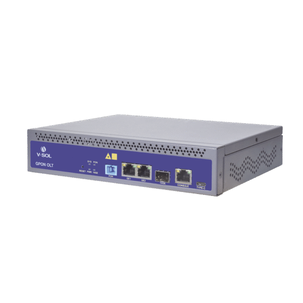 OLT de 1 puerto GPON con 3 puertos Uplink (2 puertos Gigabit Ethernet + 1 puerto SFP/SFP+) , hasta 128 ONUS,