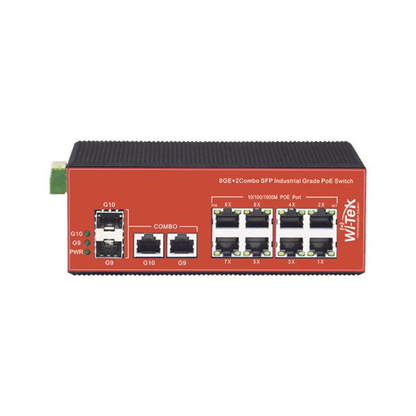 Switch Industrial PoE+ no administrable de 8 Puertos 10/100/1000Mbps + 2 SFP Combo, 150 W