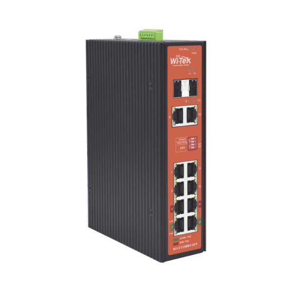 Switch Industrial PoE++ y pasivo de 24V / No administrable / Con 8 puertos Gigabit + 2 SFP combo / Presupuesto 300W