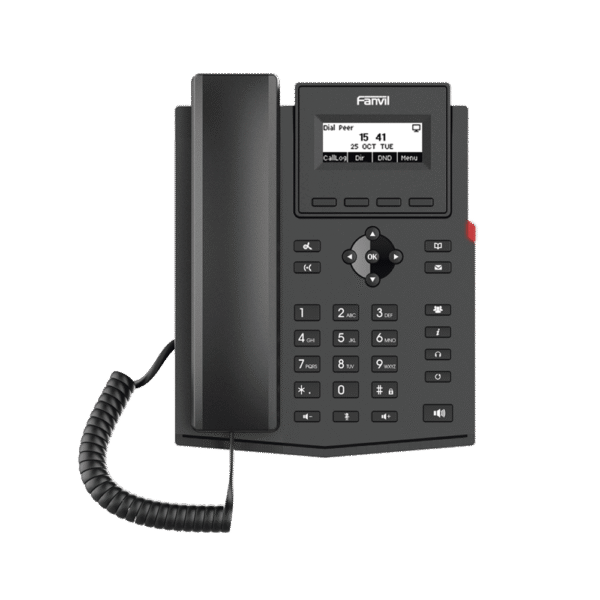 Teléfono IP empresarial para 2 lineas SIP con pantalla LCD, Códec Opus, conferencia de 3 vías, PoE.