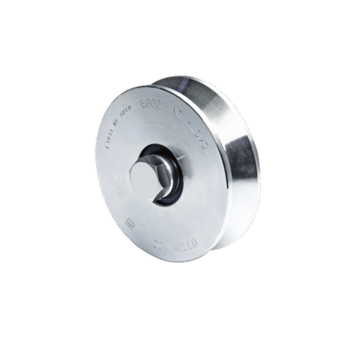 11502050001-l (305V-120) - Rueda con Ranura en V de 4" / Para puertas corredizas de hasta 990 lb (450 Kg) / 2 Rodamientos / 1-1/8" de ancho / Galvanizado