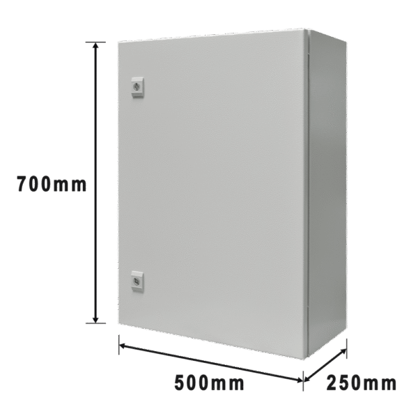 Gabinete de Acero IP66 Uso en Intemperie (500 x 700 x 250 mm) con Placa Trasera Interior y Compuerta Inferior Atornillable (Incluye Chapa y Llave).