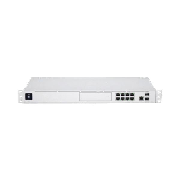 UniFi Dream Machine Pro, con un puerto 10G SFP+ WAN / 1 GbE WAN / 8 puertos 10/100/1000 Mbps RJ-45 LAN, y una bahía de HDD 3.5", integra todos los controladores UniFi