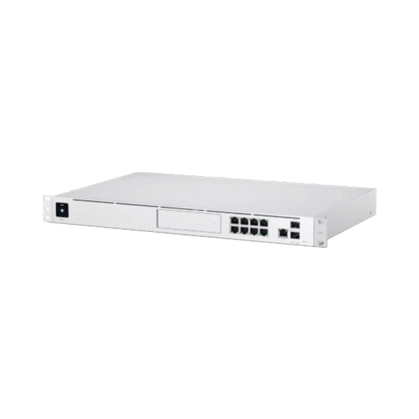 UniFi Dream Machine Pro, con un puerto 10G SFP+ WAN / 1 GbE WAN / 8 puertos 10/100/1000 Mbps RJ-45 LAN, y una bahía de HDD 3.5", integra todos los controladores UniFi