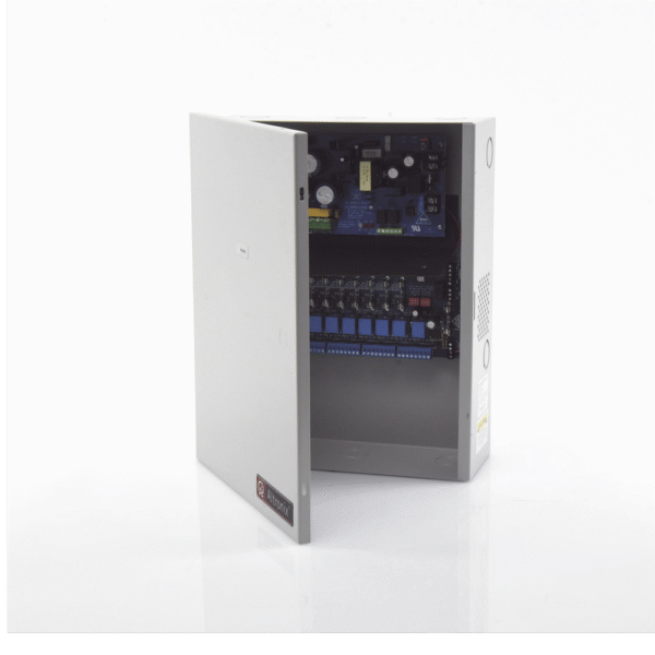 Fuente para aplicaciones en control de acceso, y detección de incendio, con capacidad de respaldo para 12 y 24 Vcd @ 4 A , con 8 circuitos de control ( NO ) y 8 circuitos de control trigger voltaje de entrada de : 115 Vca, requiere batería.