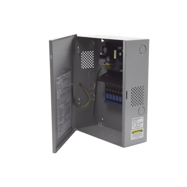 Fuente para aplicaciones en control de acceso, y detección de incendio, con capacidad de respaldo para 12 y 24 Vcd @ 4 A , con 8 circuitos de control ( NO ) y 8 circuitos de control trigger voltaje de entrada de : 115 Vca, requiere batería.