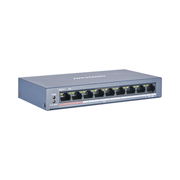 DS3E0109PE_MB-AD-1-l Switch PoE+ / No Administrable / 8 Puertos 10/100 Mbps PoE+ / 1 Puerto 100 Mbps Uplink / PoE hasta 250 metros / 60 W