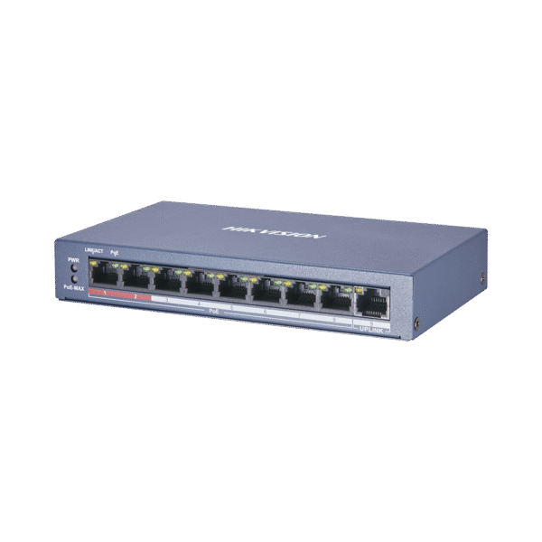 DS3E0109PE_MB-AD-2-l Switch PoE+ / No Administrable / 8 Puertos 10/100 Mbps PoE+ / 1 Puerto 100 Mbps Uplink / PoE hasta 250 metros / 60 W