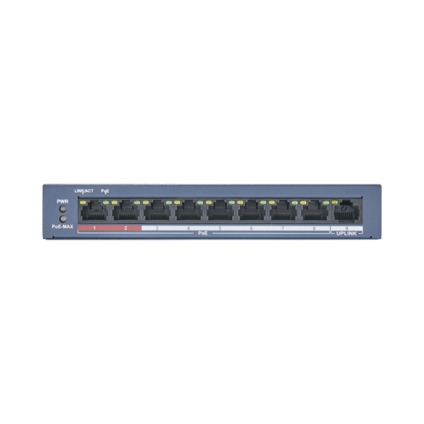 DS3E0109PE_MB-AD-4-l Switch PoE+ / No Administrable / 8 Puertos 10/100 Mbps PoE+ / 1 Puerto 100 Mbps Uplink / PoE hasta 250 metros / 60 W
