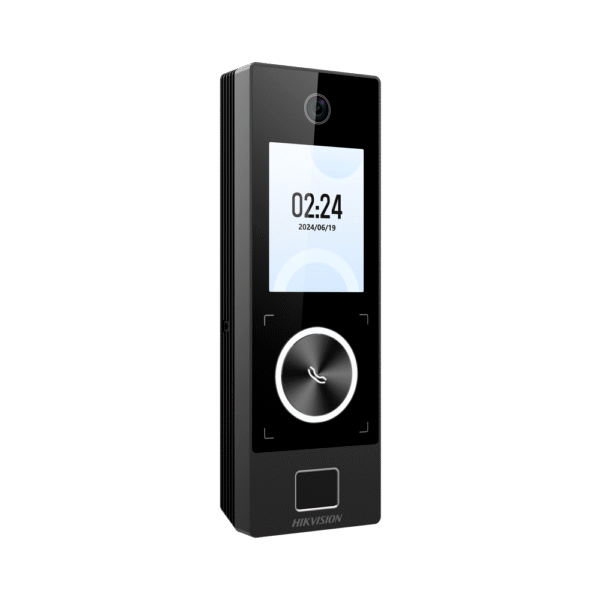 DSK1T323MBFWXE1-FRENTE-l Terminal Facial Min Moe WiFi & PoE con Botón de Llamada y LECTOR DE HUELLA / Exterior IP65 / Tarjetas Virtuales Bluetooth con HikConnect Teams / 1000 Rostros y 3,000 Huellas