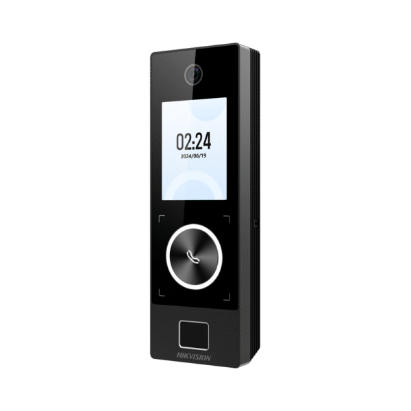 DSK1T323MBFWXE1-LAT-IZQ-l Terminal Facial Min Moe WiFi & PoE con Botón de Llamada y LECTOR DE HUELLA / Exterior IP65 / Tarjetas Virtuales Bluetooth con HikConnect Teams / 1000 Rostros y 3,000 Huellas