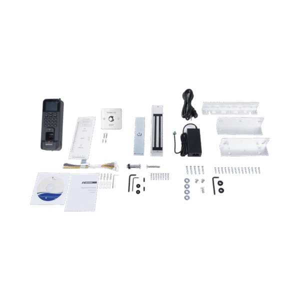 Kit de Control de Acceso TODO INCLUIDO con Lector de Huellas y Tarjetas compatible con App HIKConnect / Incluye Electroimán Botón de Salida y Montajes Z y L para imán (DS-K1T804)