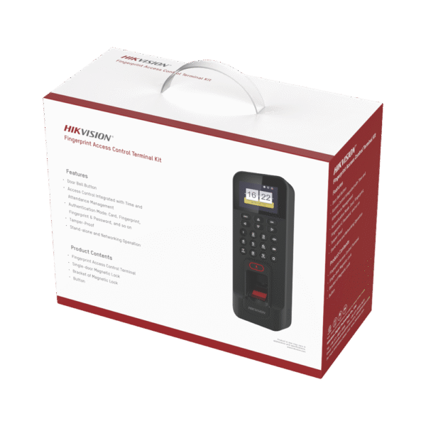 Kit de Control de Acceso TODO INCLUIDO con Lector de Huellas y Tarjetas compatible con App HIKConnect / Incluye Electroimán Botón de Salida y Montajes Z y L para imán (DS-K1T804)
