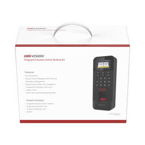 DSKAS261_AAC-l Kit de Control de Acceso TODO INCLUIDO con Lector de Huellas y Tarjetas compatible con App HIKConnect / Incluye Electroimán Botón de Salida y Montajes Z y L para imán (DS-K1T804)