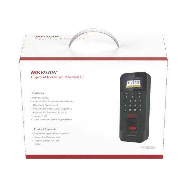 Kit de Control de Acceso TODO INCLUIDO con Lector de Huellas y Tarjetas compatible con App HIKConnect / Incluye Electroimán Botón de Salida y Montajes Z y L para imán (DS-K1T804)