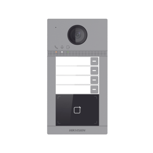 DSKV8413WME1C-FRENTE-l Videoportero IP (IP65 + IK08) con Llamada y apertura desde APP Hik-Connect / Soporta 4 Departamentos / PoE Estandar / Interfaz WEB para configuración / 2 puertas