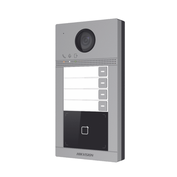DSKV8413WME1C-LAT-DER-l Videoportero IP (IP65 + IK08) con Llamada y apertura desde APP Hik-Connect / Soporta 4 Departamentos / PoE Estandar / Interfaz WEB para configuración / 2 puertas