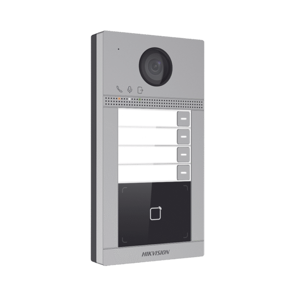 DSKV8413WME1C-l Videoportero IP (IP65 + IK08) con Llamada y apertura desde APP Hik-Connect / Soporta 4 Departamentos / PoE Estandar / Interfaz WEB para configuración / 2 puertas