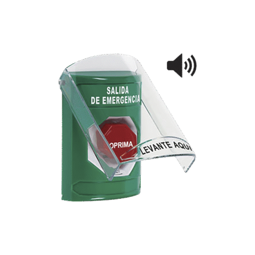 Botón de Salida de Emergencia en Español con Tapa Protectora de Policarbonato Súper Resistente, Acción Mantenida, Girar para Restablecer y Sirena