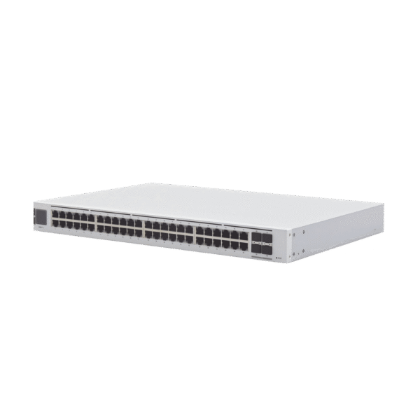 USWPRO48-FRENTE-l UniFi Switch USW-Pro-48, Capa 3 de 48 puertos Gigabit RJ-45 + 4 puertos 1/10G SFP+, pantalla informativa