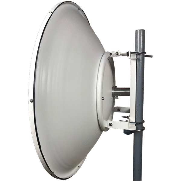 Antena de parabola profunda, blindada, con supresión al ruido de 4 ft, 5.9-7.2 GHz, Ganancia 36 dBi con SLANT de 45 ° y 90 °, ideal para hasta 80 km, Conectores N-hembra, montaje con alineación milimétrica.