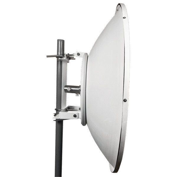 Antena de parabola profunda, blindada, con supresión al ruido de 4 ft, 5.9-7.2 GHz, Ganancia 36 dBi con SLANT de 45 ° y 90 °, ideal para hasta 80 km, Conectores N-hembra, montaje con alineación milimétrica.
