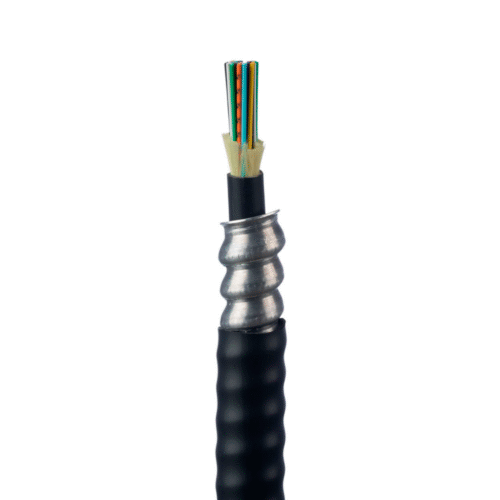 Cable 12 fibras, OM4, p/int. y ext., blindado, cám. impelente, 900um, reforzadas