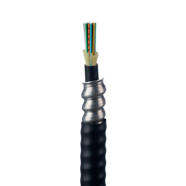 Cable 12 fibras, OM4, p/int. y ext., blindado, cám. impelente, 900um, reforzadas