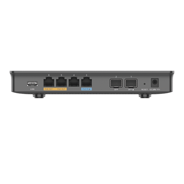 Router Gigabit VPN / Balanceador de cargas / 30,000 sesiones NAT / 4 puertos 10/100/1000 Mbps + 2 puertos SFP (WAN/LAN) / 1 puerto entrada PoE(af/at) / 2 puertos salida PoE (af/at) / Compatible con GWN Cloud.