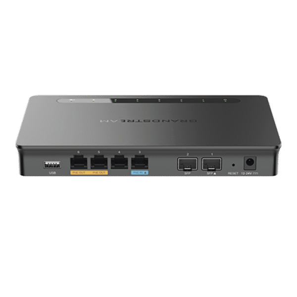 Router Gigabit VPN / Balanceador de cargas / 30,000 sesiones NAT / 4 puertos 10/100/1000 Mbps + 2 puertos SFP (WAN/LAN) / 1 puerto entrada PoE(af/at) / 2 puertos salida PoE (af/at) / Compatible con GWN Cloud.