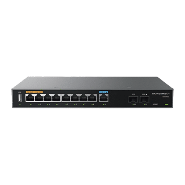 Router Gigabit VPN / Balanceador de cargas / 60,000 sesiones NAT / 9 puertos 10/100/1000 Mbps + 2 puertos SFP (WAN/LAN) / 1 puerto entrada PoE(af/at) / 2 puertos salida PoE (af/at) / Compatible con GWN Cloud.