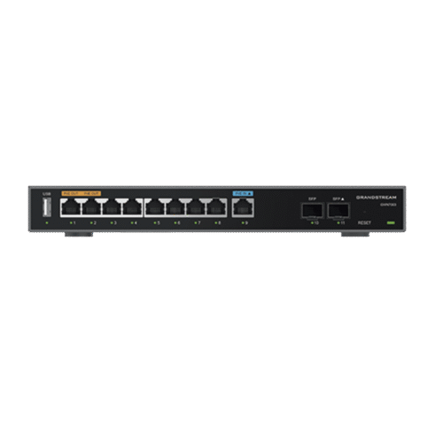 Router Gigabit VPN / Balanceador de cargas / 60,000 sesiones NAT / 9 puertos 10/100/1000 Mbps + 2 puertos SFP (WAN/LAN) / 1 puerto entrada PoE(af/at) / 2 puertos salida PoE (af/at) / Compatible con GWN Cloud.