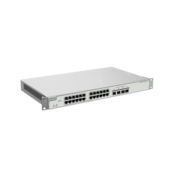 Switch Administrable Capa 3 con 24 puertos Gigabit PoE 802.3af/at + 4 SFP+ para fibra 10Gb, gestión gratuita desde la nube, 370w