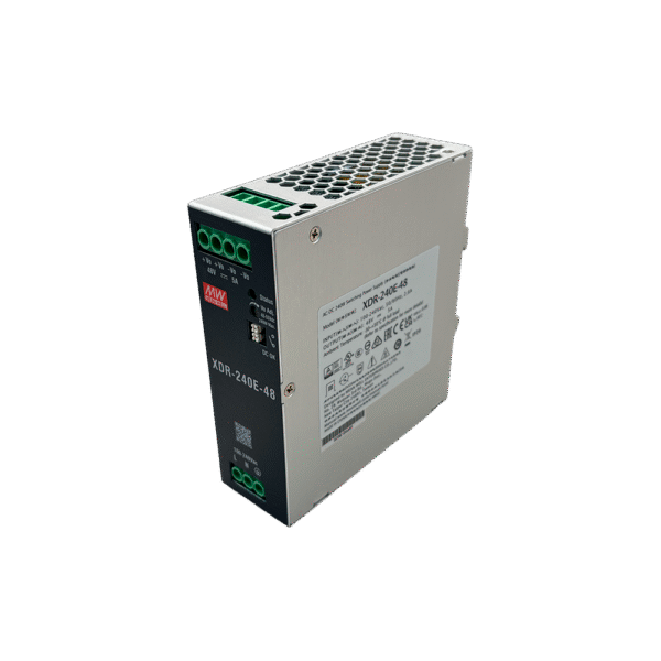 XDR240E24-FRENTE-l Fuente de Poder Industrial de 240W, salida 24Vcd, 10A, para montaje Riel Din