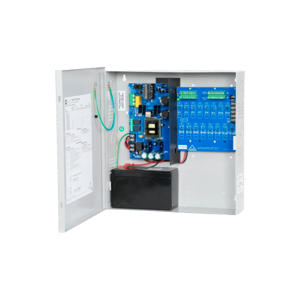 SMP10PM12P16CB-FRENTE-l Fuente de Poder / Cargador 12VDC / 10A / 115VAC / 50-60Hz / 16 Salidas / Protección Por Fusibles / Compatibles con Baterías SLA-Gel